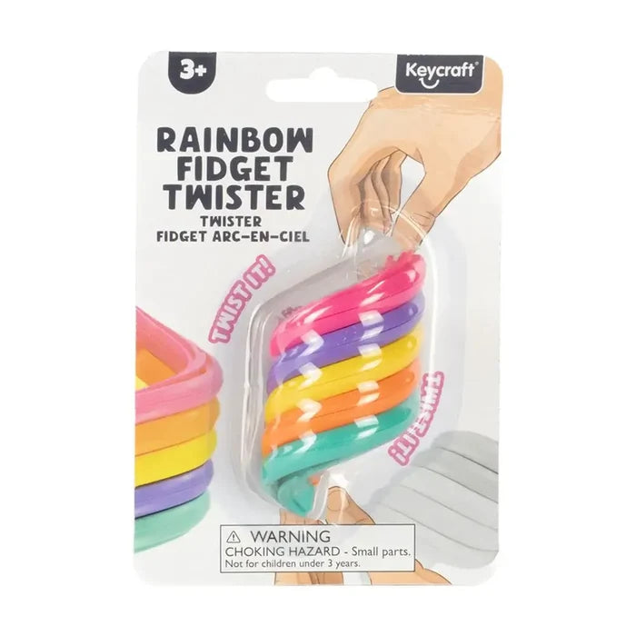 Colorful pink, purple, yellow, and teal spiral plastic fidget toy in a blister pack with "Twist it!" graphics.