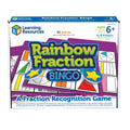 Learning Resources Rainbow Fraction Bingo box with purple boards, colorful fraction shapes, and yellow star markers.