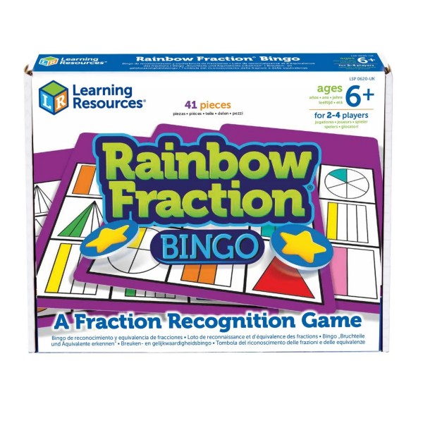 Learning Resources Rainbow Fraction Bingo box with purple boards, colorful fraction shapes, and yellow star markers.