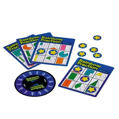 Four blue bingo cards with colorful fraction diagrams, yellow star markers, and a circular fraction spinner.