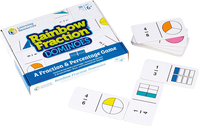White game box and domino cards showing numeric fractions matched with colorful shaded geometric shapes.