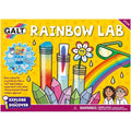Colorful science kit box with yellow background, test tubes of crystals, rainbow graphics, and cartoon scientists.