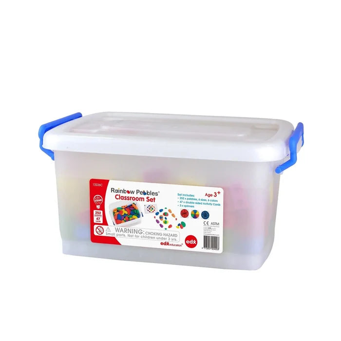 Clear plastic storage bin with blue latch handles, filled with colorful smooth pebbles and activity cards.