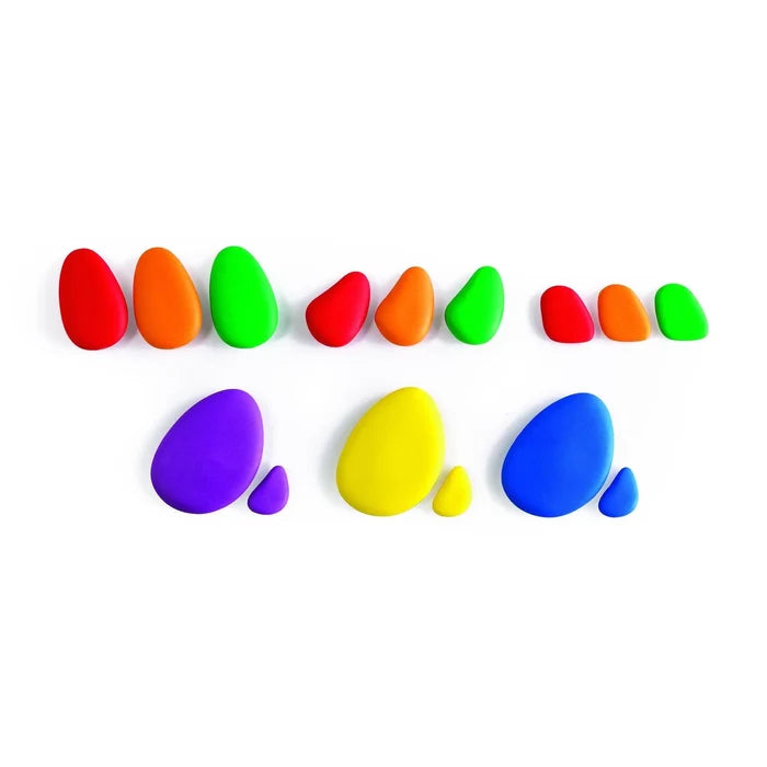 Smooth, pebble-shaped sorting toys in various sizes and vibrant rainbow colors on a white background.
