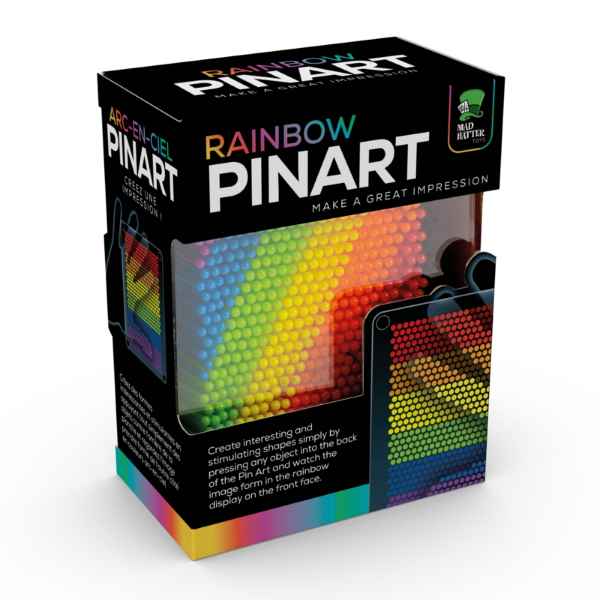 Black retail box for Rainbow Pinart with a window showing colorful pins arranged in a bright rainbow gradient.