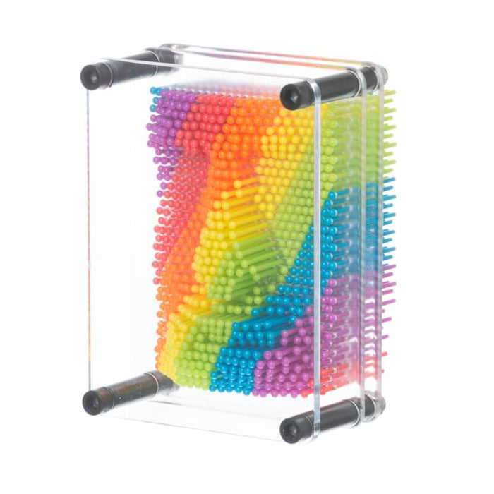 3D pin art toy with rainbow-colored pins forming a wave pattern inside a clear frame with black corner bolts.