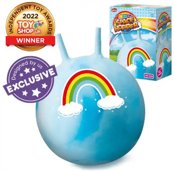 Light blue bouncy hopper ball with horn handles, rainbow and cloud graphic, toy packaging, and award medals.