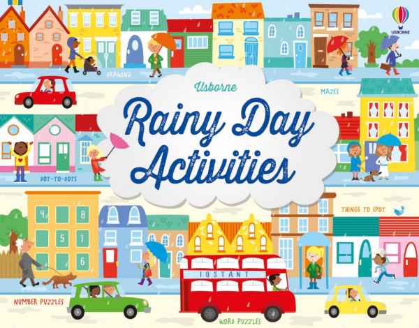 Colorful Usborne book cover showing a cartoon rainy street with a red bus, umbrellas, and bright multi-colored houses.