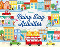Colorful Usborne book cover showing a cartoon rainy street with a red bus, umbrellas, and bright multi-colored houses.