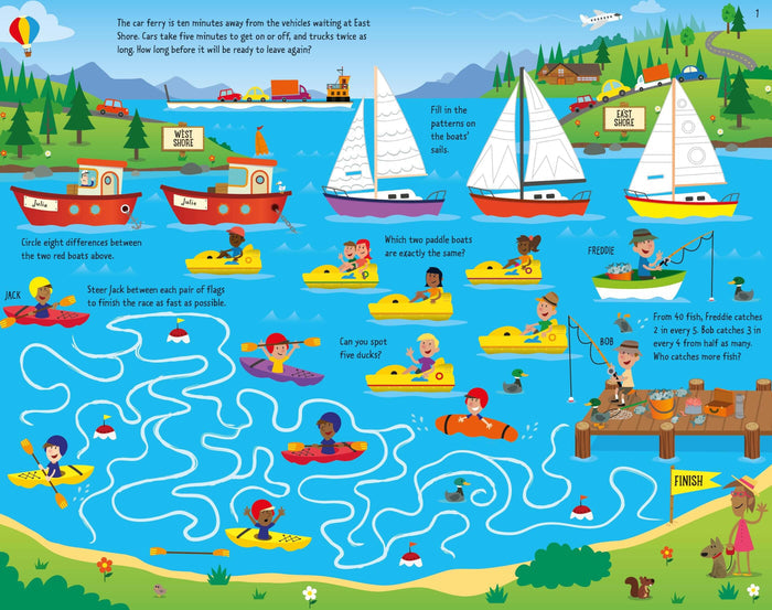 Illustrated water-themed activity page with a maze, spot-the-difference, and logic puzzles featuring colorful boats.