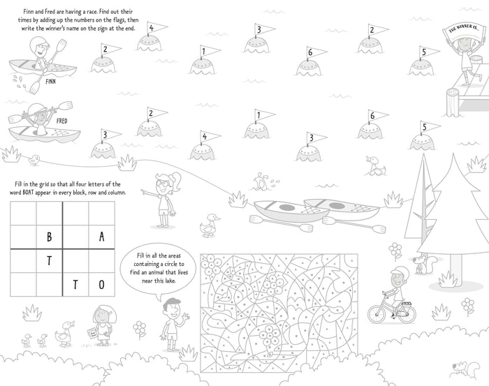 Black and white activity sheet for kids featuring math problems, a word grid puzzle, and a hidden animal to color.