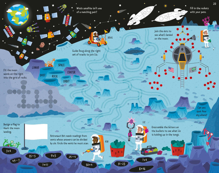 Space-themed activity book page with colorful puzzles, mazes, and math games set on a cartoon blue moon landscape.