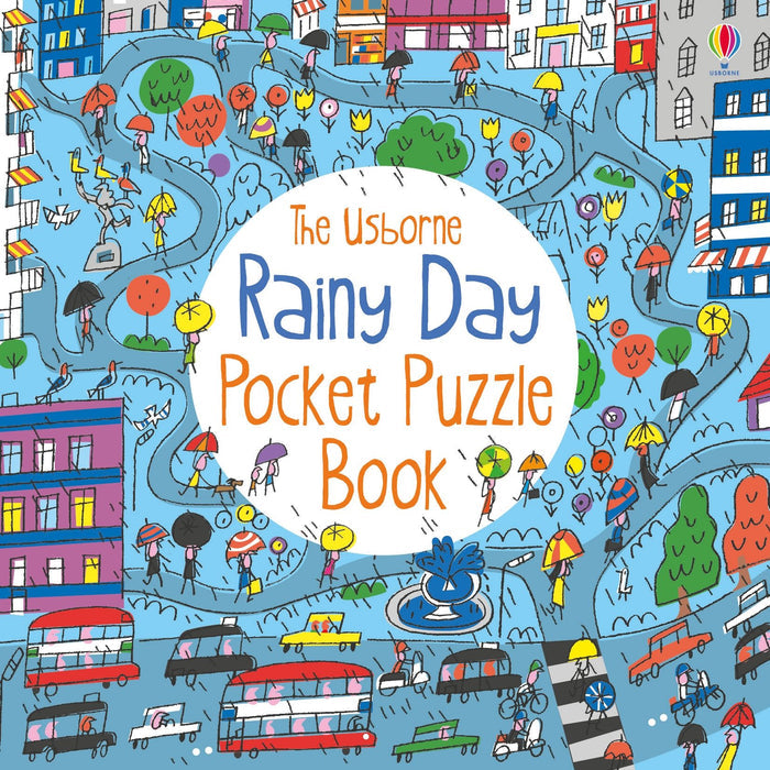 Bright rainy city scene with colorful umbrellas, red buses, and book title text in a white center circle.