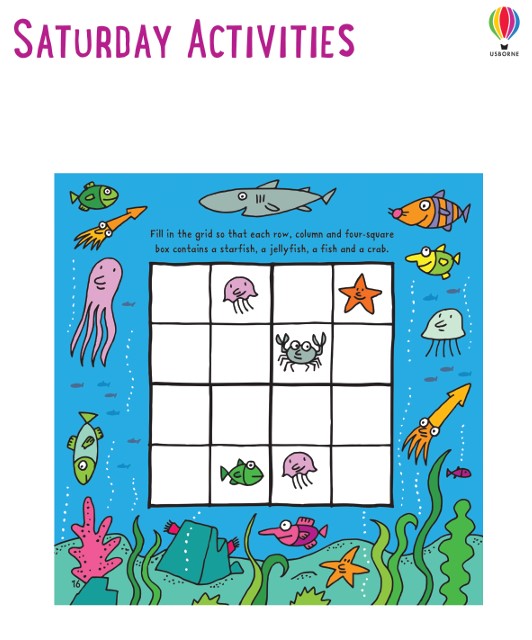 Saturday Activities page from a puzzle book with a 4x4 sea creature Sudoku grid and colorful ocean life illustrations.