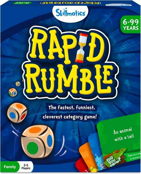 Blue board game box with bold yellow bubble letters, an hourglass icon, colorful dice, and "Animal with a tail" card.