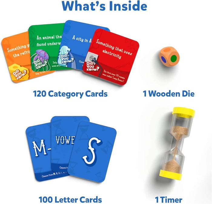 120 colorful category cards, 100 blue letter cards, a wooden die with colored dots, and a yellow sand timer.