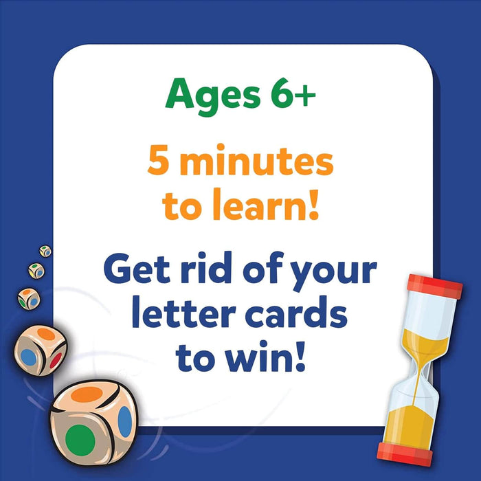 Graphic with colorful dice and an hourglass. Text: Ages 6+, 5 minutes to learn, get rid of your letter cards to win!