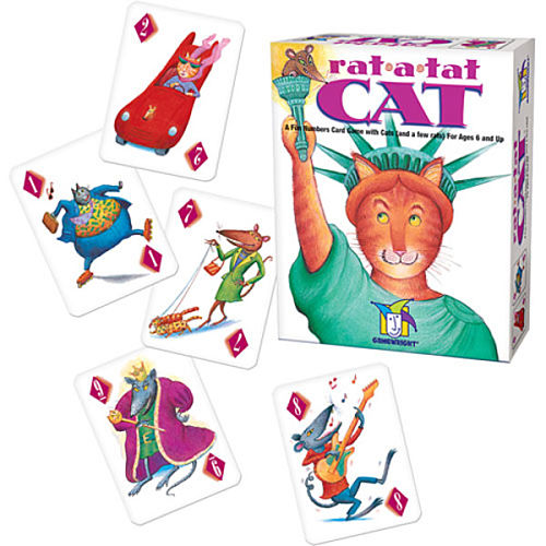 White game box featuring an orange cat Statue of Liberty and five numbered cards with colorful animal illustrations.