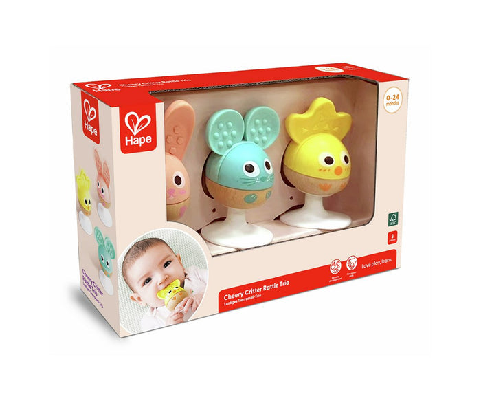 Three animal-themed rattles (bunny, mouse, chick) with textured silicone tops and suction cup bases in a display box.