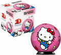 Pink 3D puzzle ball featuring Hello Kitty on a black stand, next to its matching illustrated box.