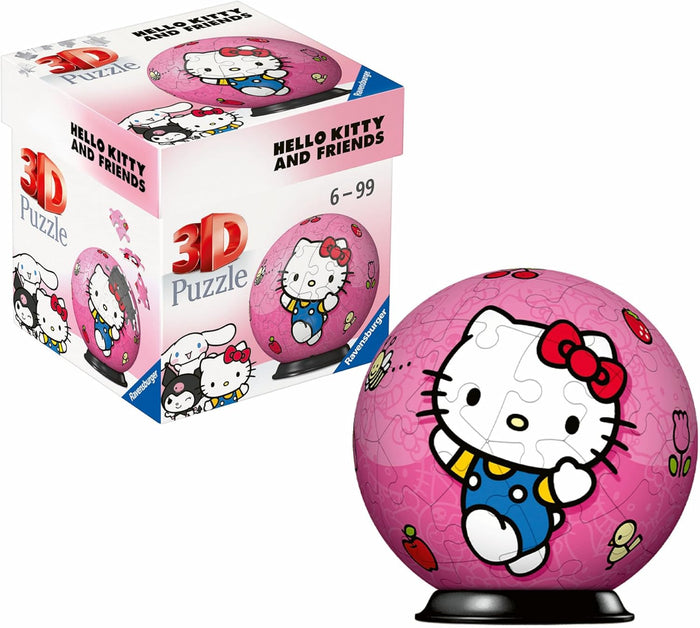 Pink 3D puzzle ball featuring Hello Kitty on a black stand, next to its matching illustrated box.