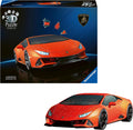 Orange 3D puzzle of a Lamborghini Huracán EVO with visible seams, shown next to its dark blue Ravensburger box.
