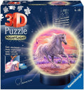 Box for a 3D puzzle nightlight showing a glowing globe with a white horse galloping on a purple and pink sunset beach.