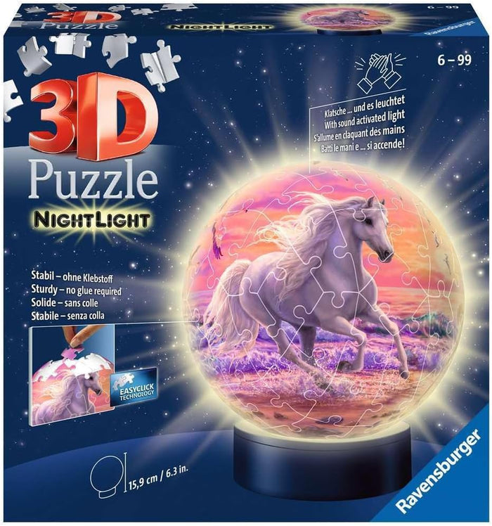 Box for a 3D puzzle nightlight showing a glowing globe with a white horse galloping on a purple and pink sunset beach.