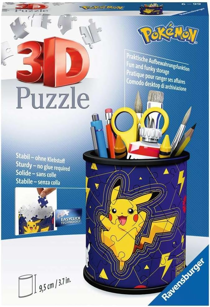Blue box showing a cylindrical 3D puzzle pencil cup with Pikachu, filled with scissors, pens, and paintbrushes.