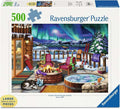 500-piece puzzle box showing a winter patio with a fire pit and sleeping dog under a vibrant green aurora borealis sky.
