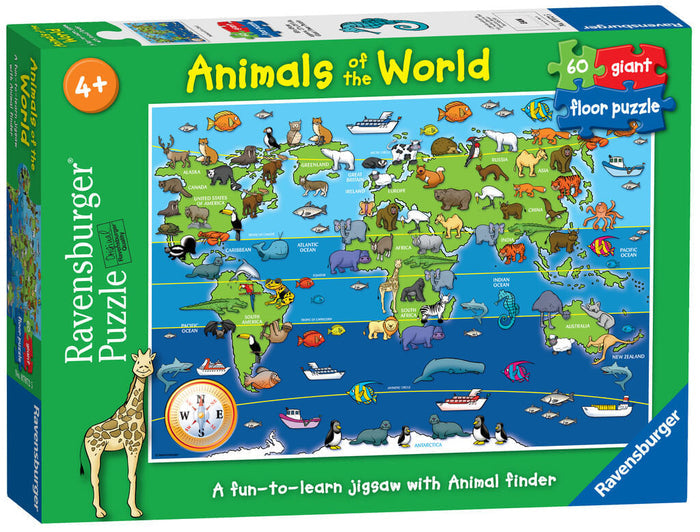 Green box for a 60-piece floor puzzle featuring a world map with cartoon animals and a friendly giraffe mascot.