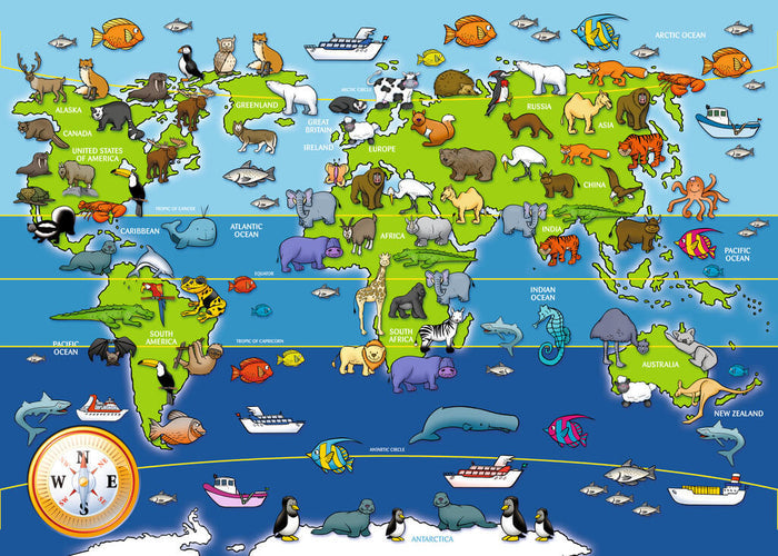 Illustrated world map with cartoon animals, ships, and a large compass rose across colorful land and oceans.