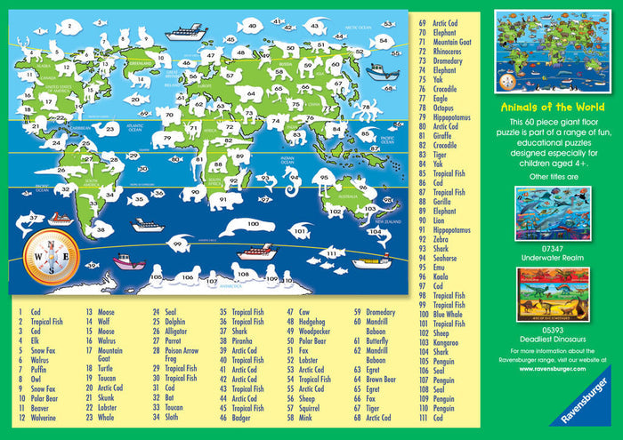 Green and blue world map puzzle with numbered animal illustrations and a corresponding list of animal names below.