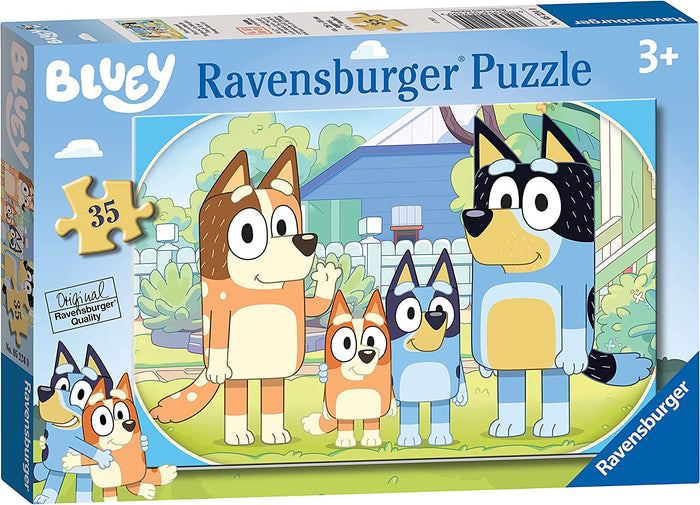 Blue Ravensburger puzzle box showing Bluey's family outside their home. Includes a 35-piece icon and age 3+ label.