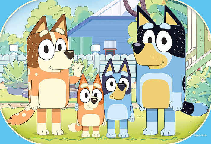 Vibrant cartoon illustration of the Heeler family standing together in front of their blue house and white fence.