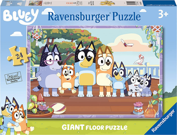 Blue box for a 24-piece floor puzzle showing Bluey and her family on a sunny wooden deck.