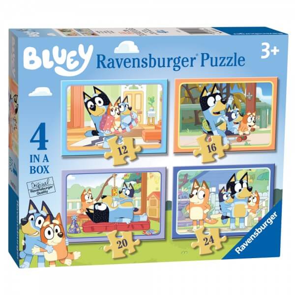 Blue Ravensburger box showing four colorful Bluey family puzzles with 12, 16, 20, and 24 piece counts.