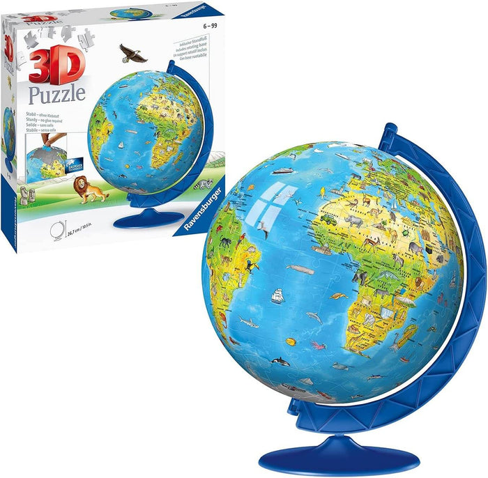 Spherical 3D world globe puzzle with colorful animal illustrations on a blue stand, shown beside its product box.