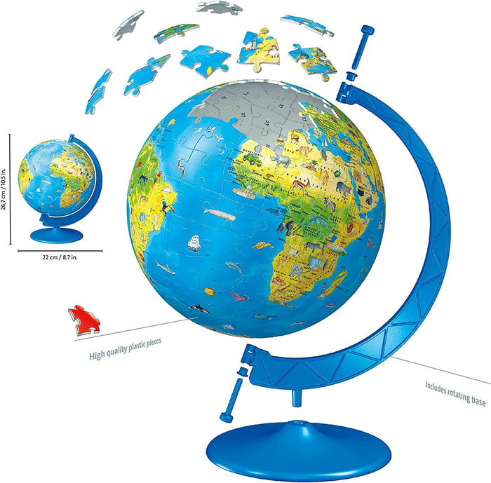 3D world globe puzzle with animal illustrations on a blue rotating stand, showing floating plastic pieces.