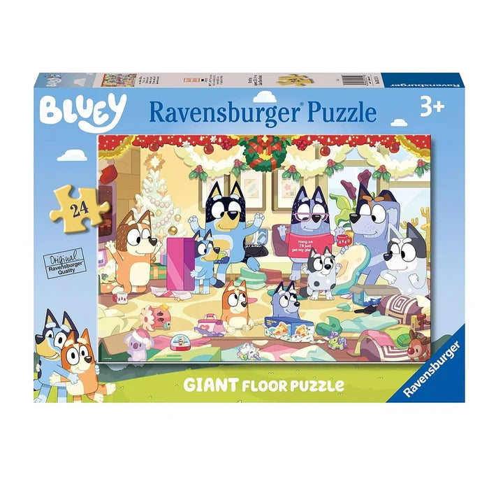 Ravensburger Bluey 24-piece floor puzzle box showing the family in a festive Christmas room with a tree and gifts.