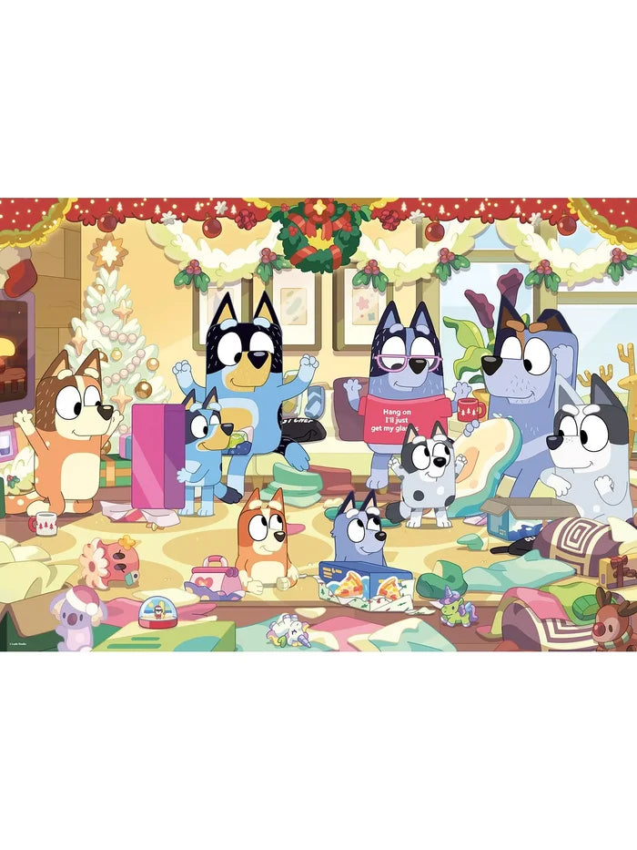 Bluey family opening Christmas gifts in a festive living room with a tree and colorful holiday decorations.