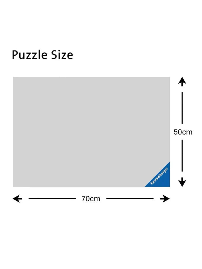 Diagram showing a 70cm by 50cm rectangular puzzle with a blue Ravensburger logo in the corner.