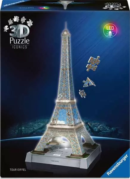 Ravensburger 3D Eiffel Tower puzzle box showing a glowing tower model with LED lights and floating puzzle pieces.