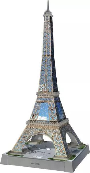 Detailed 3D Eiffel Tower puzzle with gold latticework and blue sky patterns on a sturdy grey base.