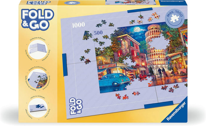 Yellow Ravensburger box showing a blue Fold & Go puzzle board with a 1000-piece Italian city puzzle in progress.