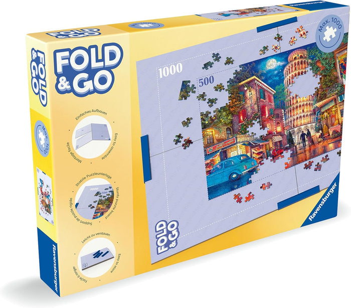 Yellow Ravensburger box for a folding puzzle board, showing a 1000-piece Italian city puzzle being assembled on it.