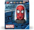 Egg-shaped red and blue Spider-Man 3D puzzle on a grey base, shown on blue comic book art packaging.