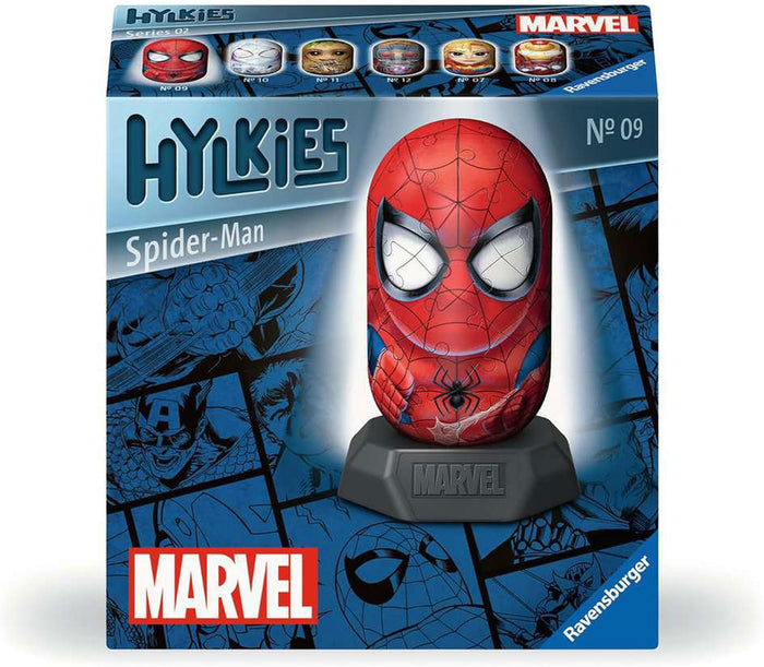 Egg-shaped red and blue Spider-Man 3D puzzle on a grey base, shown on blue comic book art packaging.
