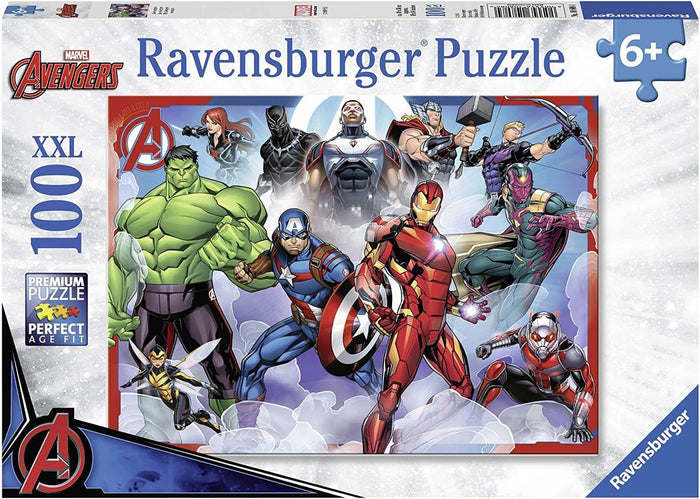 Ravensburger 100-piece puzzle box featuring the Avengers in dynamic action poses against a blue and white background.