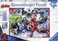 Ravensburger 100-piece puzzle box featuring the Avengers in dynamic action poses against a blue and white background.